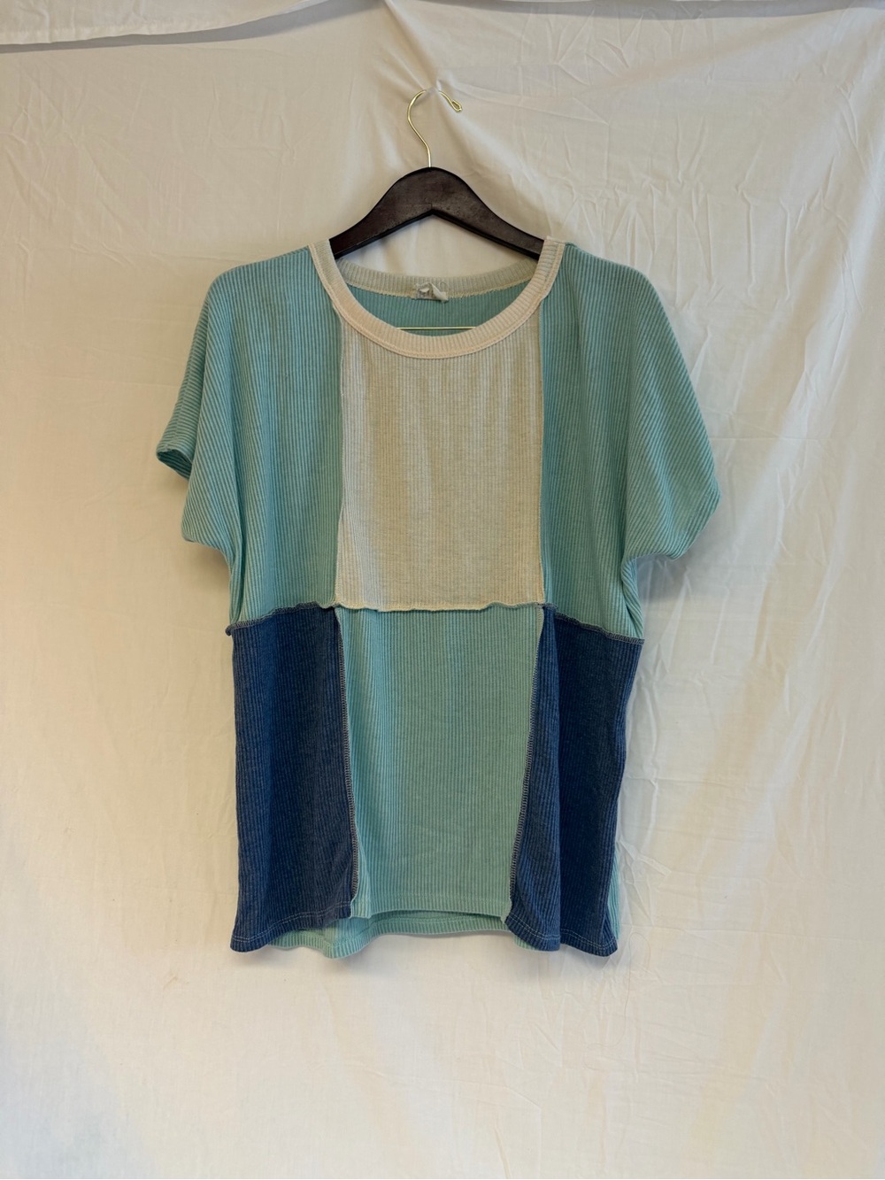 BiBi Aqua, Navy & Cream Colorblock Ribbed Short Sleeve Top